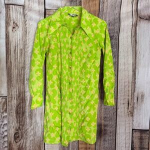 Kolber Floral Mod Shirt Dress Vintage 60s Flower Power Retro Mini Lime Green